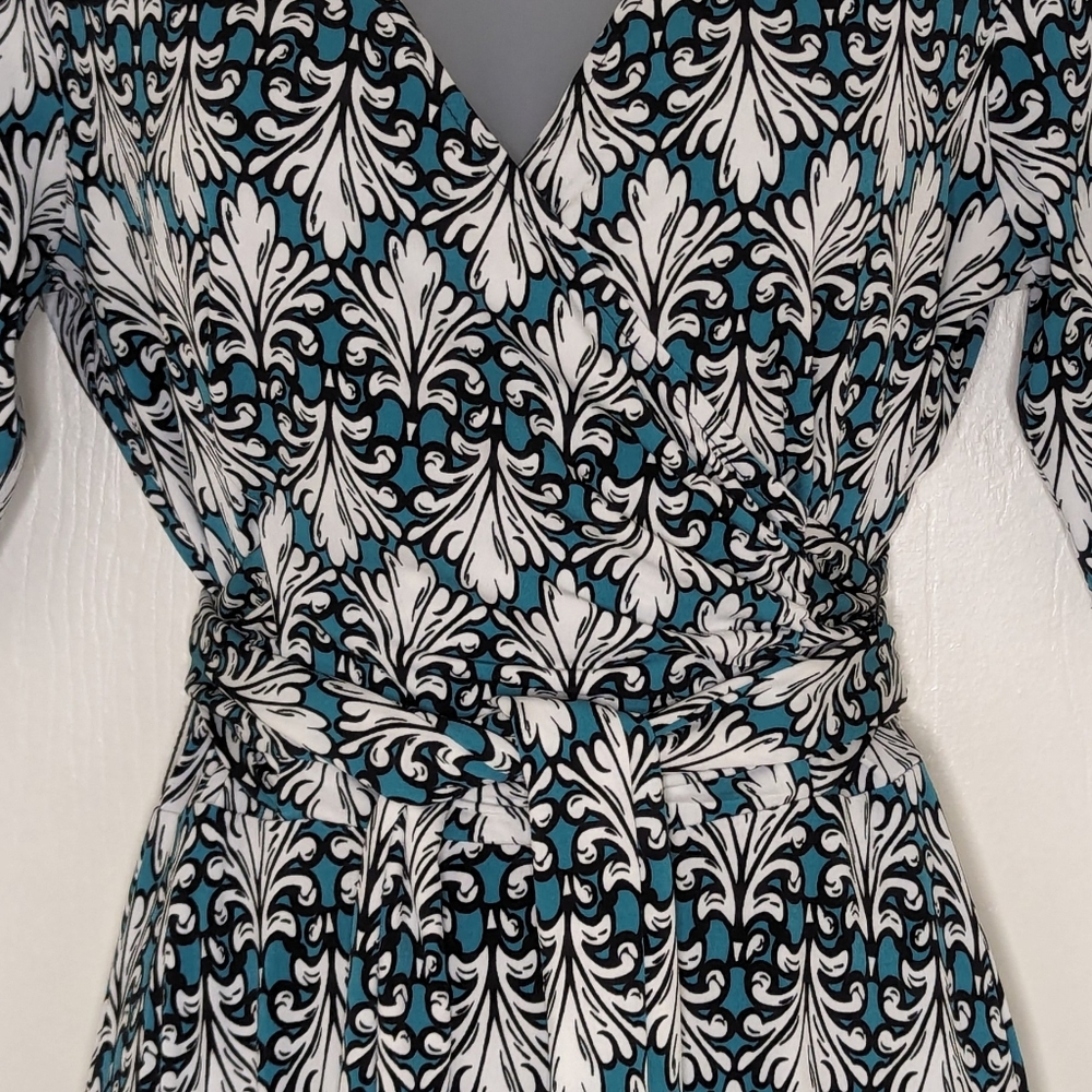 Wrap Dress (Faux) Stretch Elbow Sleeve Print Blue/Green Pullover M - Picture 11 of 14